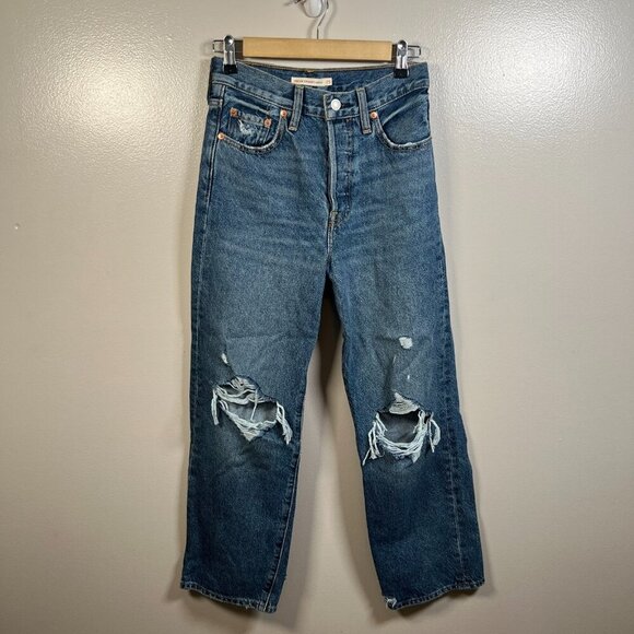 Levi's Ribcage Straight Ankle Jeans Size 25 Distressed Button Fly High Waist - Picture 1 of 12